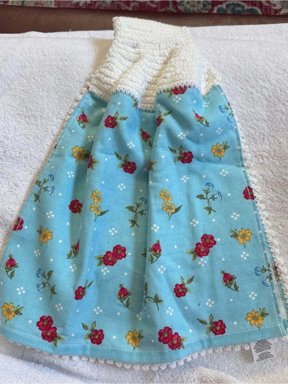 Pioneer Woman Tiffany Blue Floral Crochet Hanging Kitchen Towel